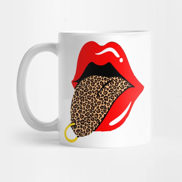 Red Lips Tongue Cheetah with golden piercing lovers Trendy designs by AbirAbd